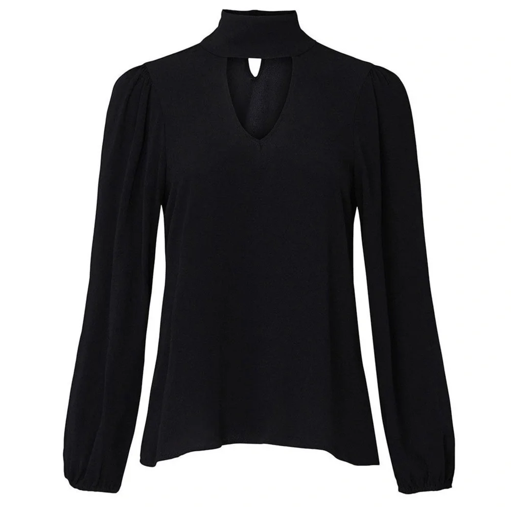FLYNN SKYE 70s High Neck Front &‎ Back Cutout Long Puffed Sleeve Crepe Blouse M